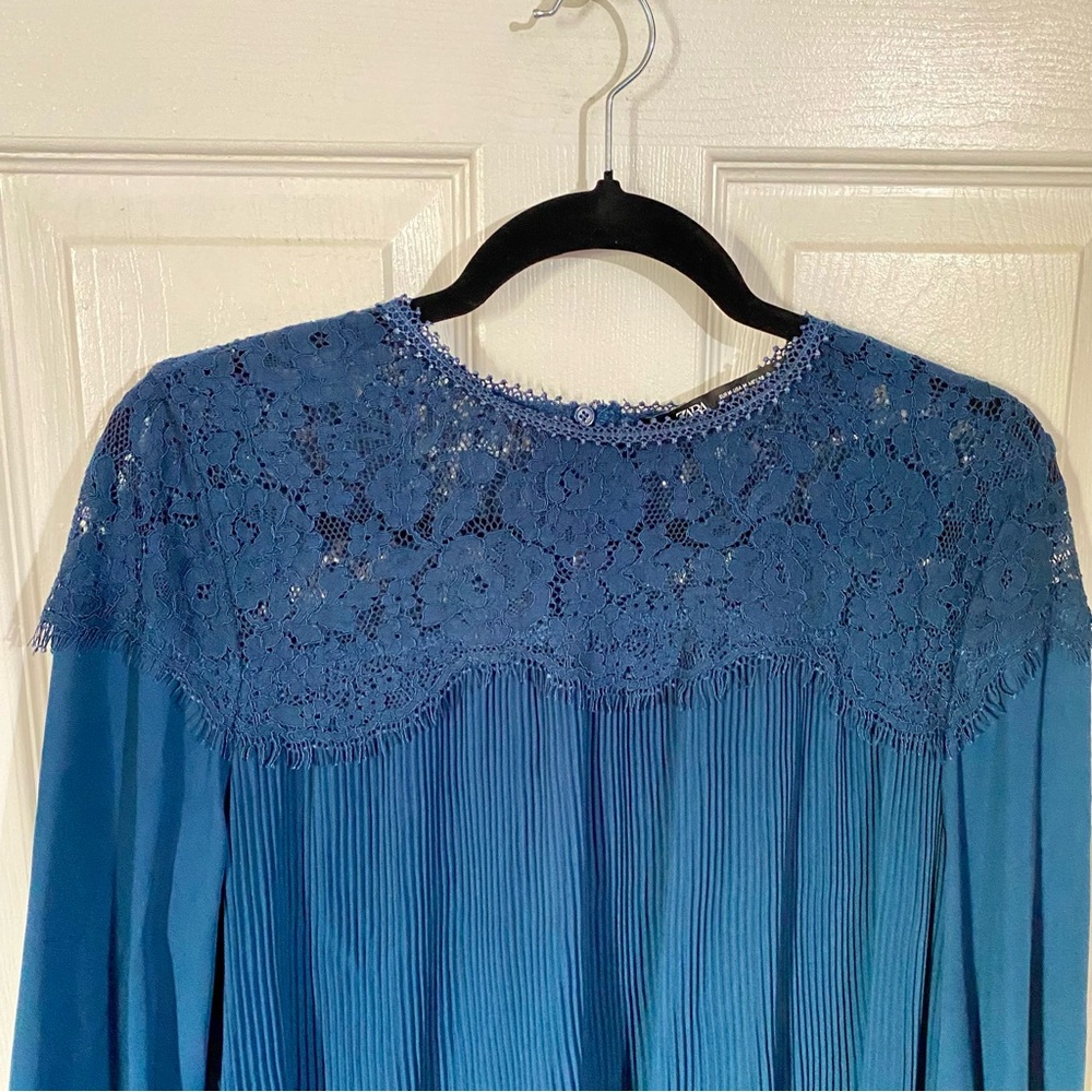 Zara Teal Blue Pleated Lace Chiffon Short Flowy Babydoll Mini Shift Dress-M